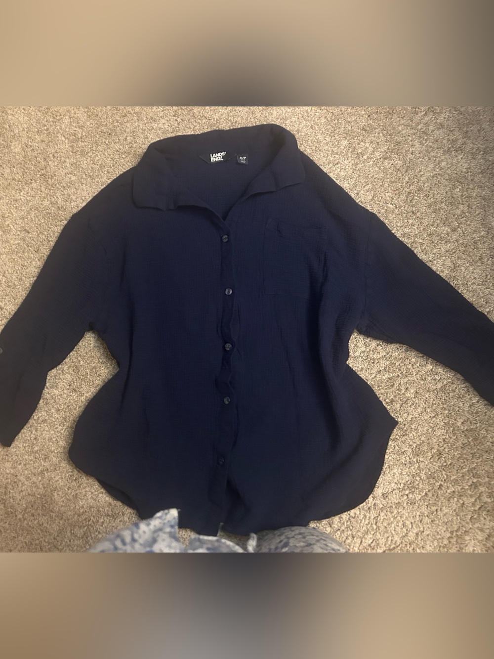 Lands' End Women's Navy Cotton Crinkle Button-Down Shirt - Size M (10-12)